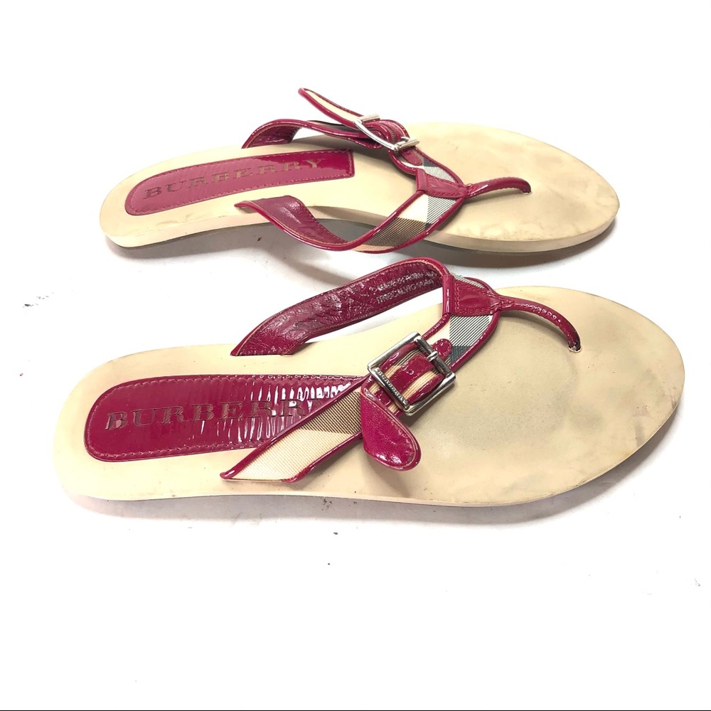 Burberry Pink Patent Leather and Beige Canvas Thong Sandals